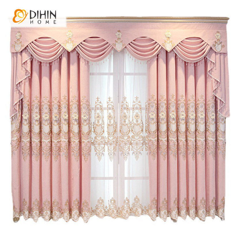 DIHINHOME Home Textile European Curtain DIHIN HOME European Pink Embossed 3D Embroideried Valance ,Blackout Curtains Grommet Window Curtain for Living Room ,52x84-inch,1 Panel