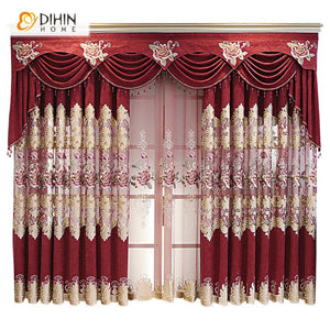 DIHIN HOME European Red Color Luxury Embroidered Customized Valance ,Blackout Curtains Grommet Window Curtain for Living Room ,52x84-inch,1 Panel