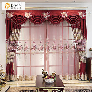 DIHIN HOME European Red Color Luxury Embroidered Customized Valance ,Blackout Curtains Grommet Window Curtain for Living Room ,52x84-inch,1 Panel