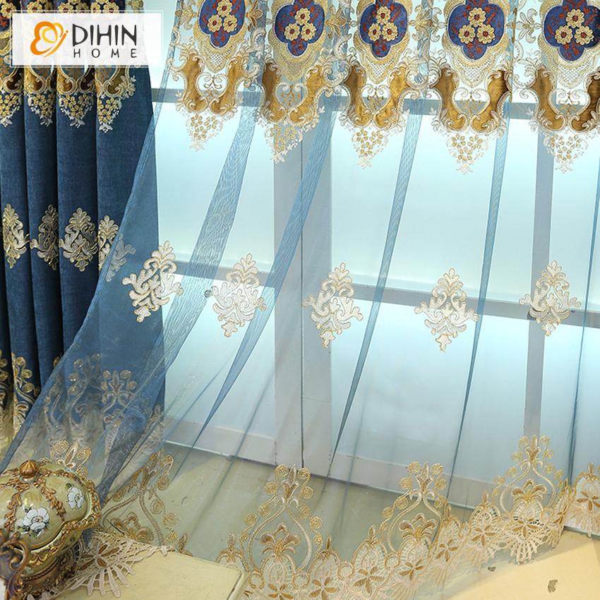 DIHIN HOME European Roral Blue Embroidered Curtain,Blackout Curtains Grommet Window Curtain for Living Room ,52x84-inch,1 Panel