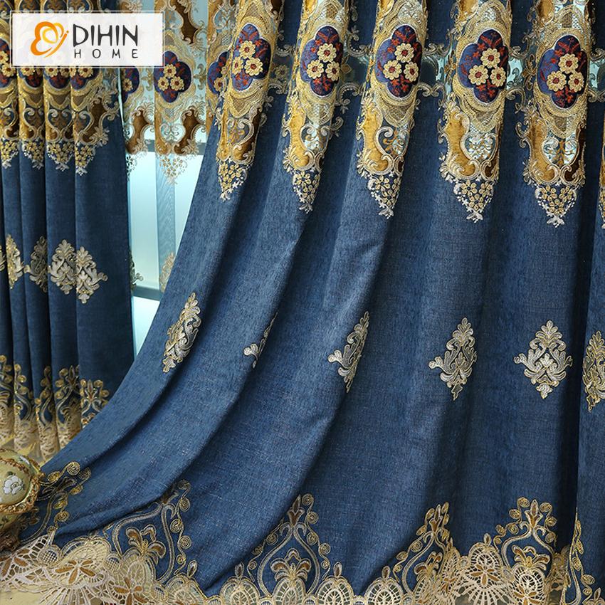DIHIN HOME European Roral Blue Embroidered Curtain,Blackout Curtains Grommet Window Curtain for Living Room ,52x84-inch,1 Panel
