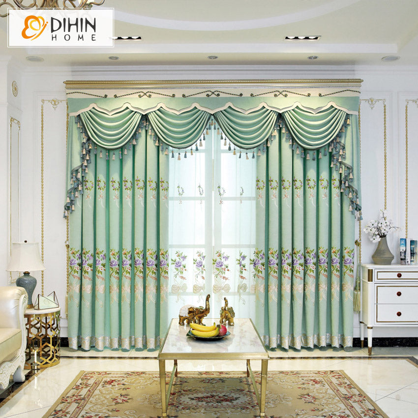 DIHINHOME Home Textile European Curtain DIHIN HOME European Roral Green Flowers Embroideried Valance ,Blackout Curtains Grommet Window Curtain for Living Room ,52x84-inch,1 Panel