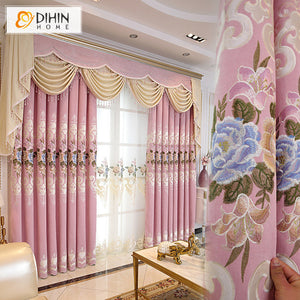 DIHINHOME Home Textile European Curtain DIHIN HOME European Roral Pink Flowers Embroideried Valance ,Blackout Curtains Grommet Window Curtain for Living Room ,52x84-inch,1 Panel