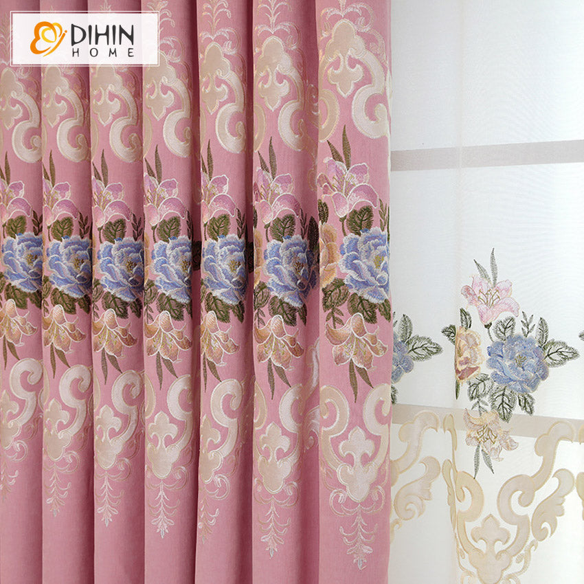 DIHINHOME Home Textile European Curtain DIHIN HOME European Roral Pink Flowers Embroideried Valance ,Blackout Curtains Grommet Window Curtain for Living Room ,52x84-inch,1 Panel