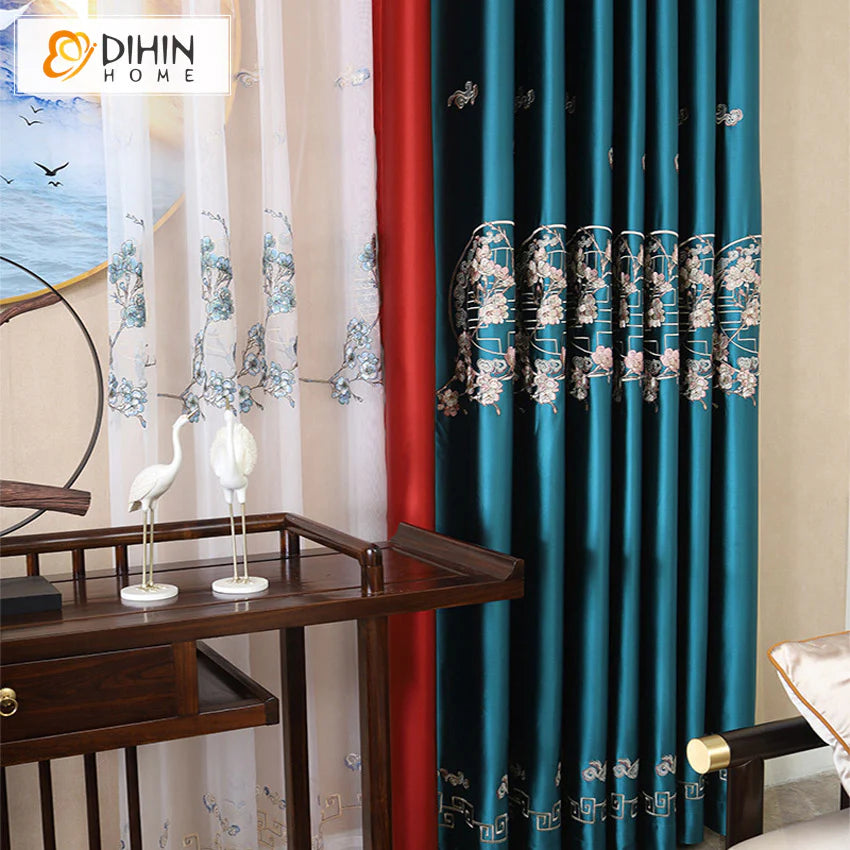 DIHINHOME Home Textile European Curtain DIHIN HOME European Silk Imitation Blue Jacquard Luxurious Valance,Blackout Curtains Grommet Window Curtain for Living Room,1 Panel