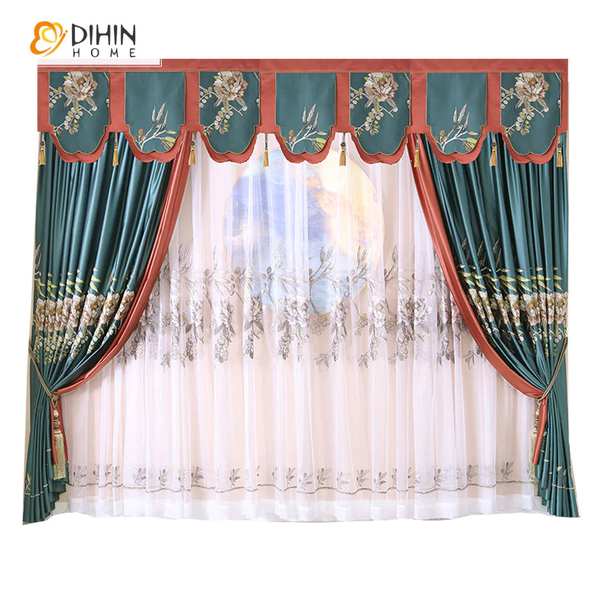 DIHINHOME Home Textile European Curtain DIHIN HOME European Silk Imitation Peony Jacquard Luxurious Valance,Blackout Curtains Grommet Window Curtain for Living Room,1 Panel