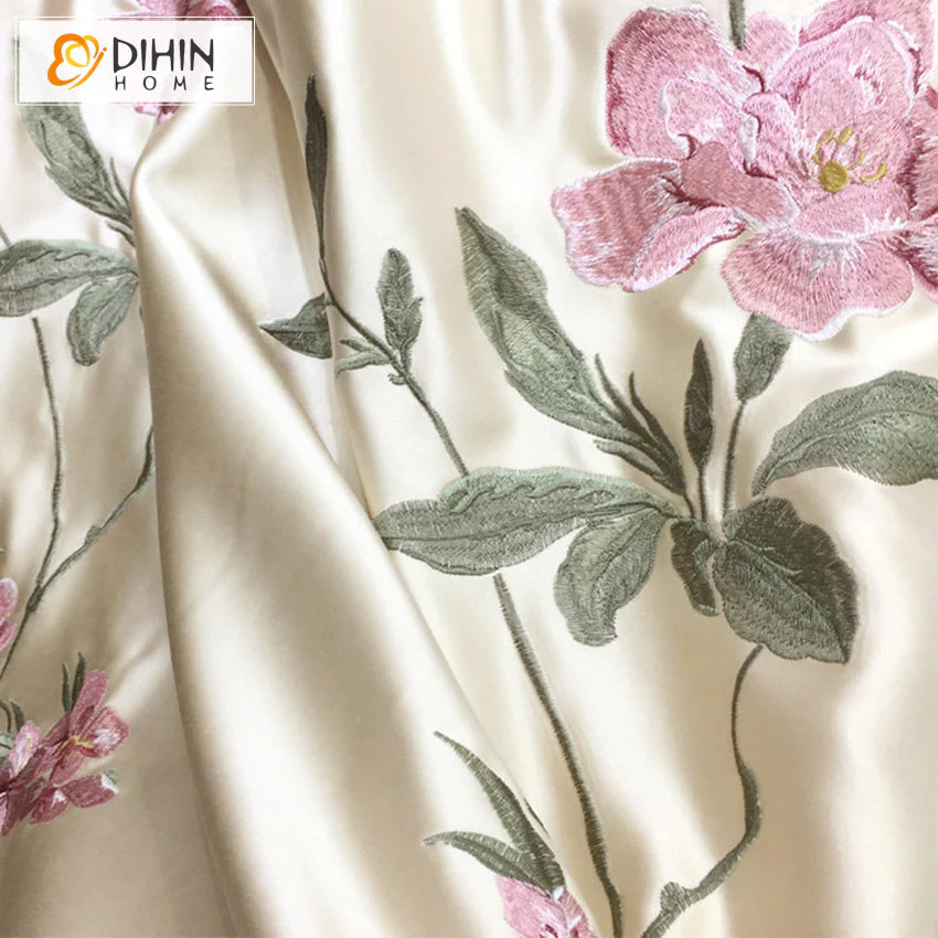 DIHINHOME Home Textile European Curtain DIHIN HOME European Silk Imitation Pink Flowers Jacquard Luxurious Valance,Blackout Curtains Grommet Window Curtain for Living Room,1 Panel