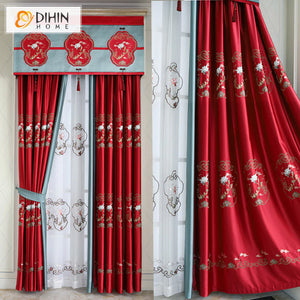 DIHINHOME Home Textile European Curtain DIHIN HOME European Silk Imitation Red Flowers Jacquard Luxurious Valance,Blackout Curtains Grommet Window Curtain for Living Room,1 Panel