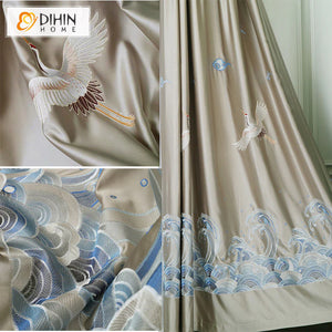 DIHINHOME Home Textile European Curtain DIHIN HOME European Silk Imitation White Crane Jacquard Luxurious Valance,Blackout Curtains Grommet Window Curtain for Living Room,1 Panel