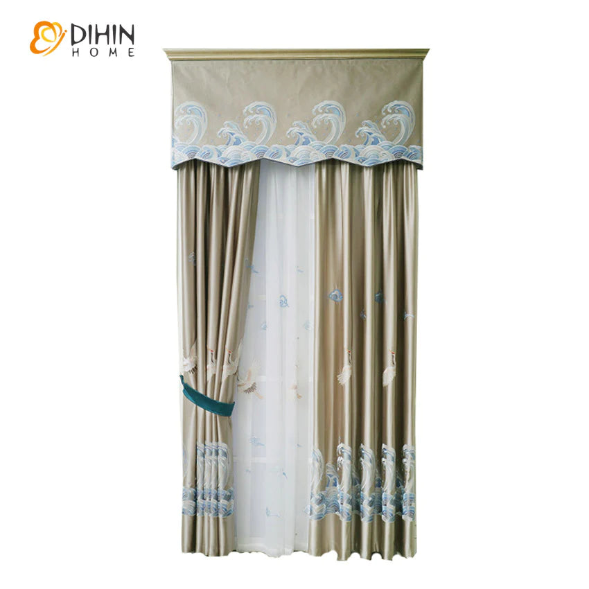 DIHINHOME Home Textile European Curtain DIHIN HOME European Silk Imitation White Crane Jacquard Luxurious Valance,Blackout Curtains Grommet Window Curtain for Living Room,1 Panel