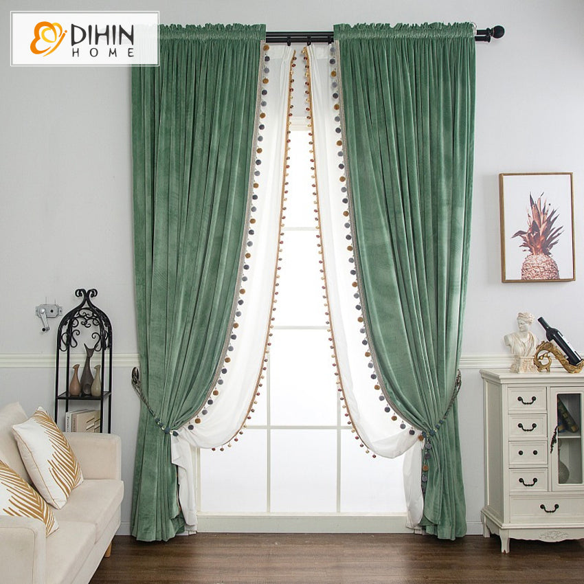 DIHIN HOME European Verdant Green Velvet Fabric,Blackout Grommet Window Curtain for Living Room ,52x63-inch,1 Panel