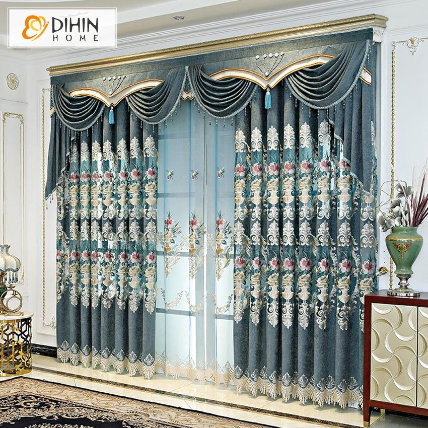 DIHIN HOME European Vintage Roral Luxury Embroidered Curtain Window Customized Valance ,Blackout Curtains Grommet Window Curtain for Living Room ,52x84-inch,1 Panel