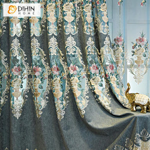 DIHIN HOME European Vintage Roral Luxury Embroidered Curtain Window Customized Valance ,Blackout Curtains Grommet Window Curtain for Living Room ,52x84-inch,1 Panel