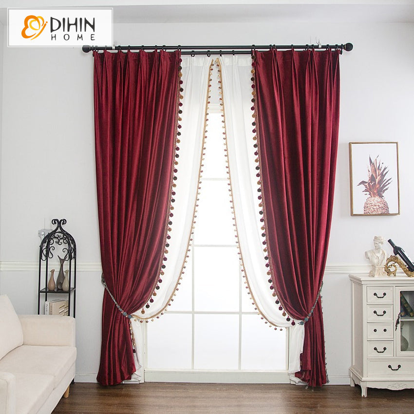 DIHIN HOME European Wine Red Velvet Fabric,Blackout Grommet Window Curtain for Living Room ,52x63-inch,1 Panel