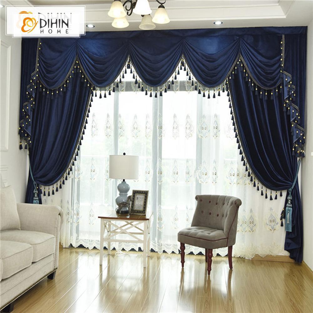 DIHINHOME Home Textile European Curtain DIHIN HOME Exquisite Solid Blue Embroidered Valance,Blackout Curtains Grommet Window Curtain for Living Room ,52x84-inch,1 Panel