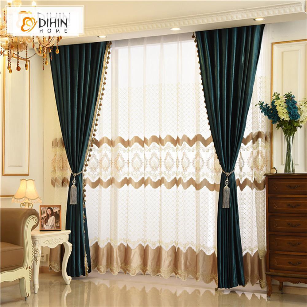 DIHINHOME Home Textile European Curtain DIHIN HOME Exquisite Solid Green Embroidered Valance,Blackout Curtains Grommet Window Curtain for Living Room ,52x84-inch,1 Panel