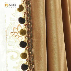 DIHINHOME Home Textile European Curtain DIHIN HOME Exquisite Solid Yellow Embroidered Valance,Blackout Curtains Grommet Window Curtain for Living Room ,52x84-inch,1 Panel