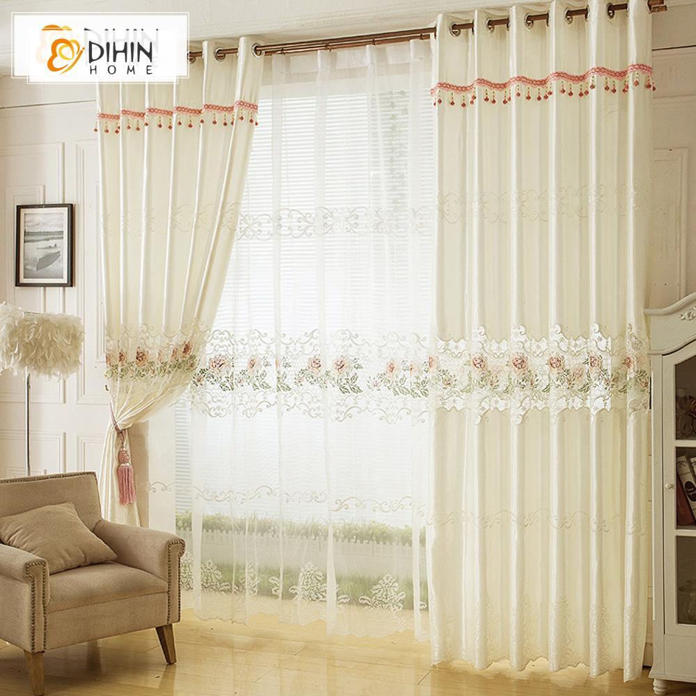 DIHINHOME Home Textile European Curtain DIHIN HOME Exquisite White Embroidered Valance,Blackout Curtains Grommet Window Curtain for Living Room ,52x84-inch,1 Panel