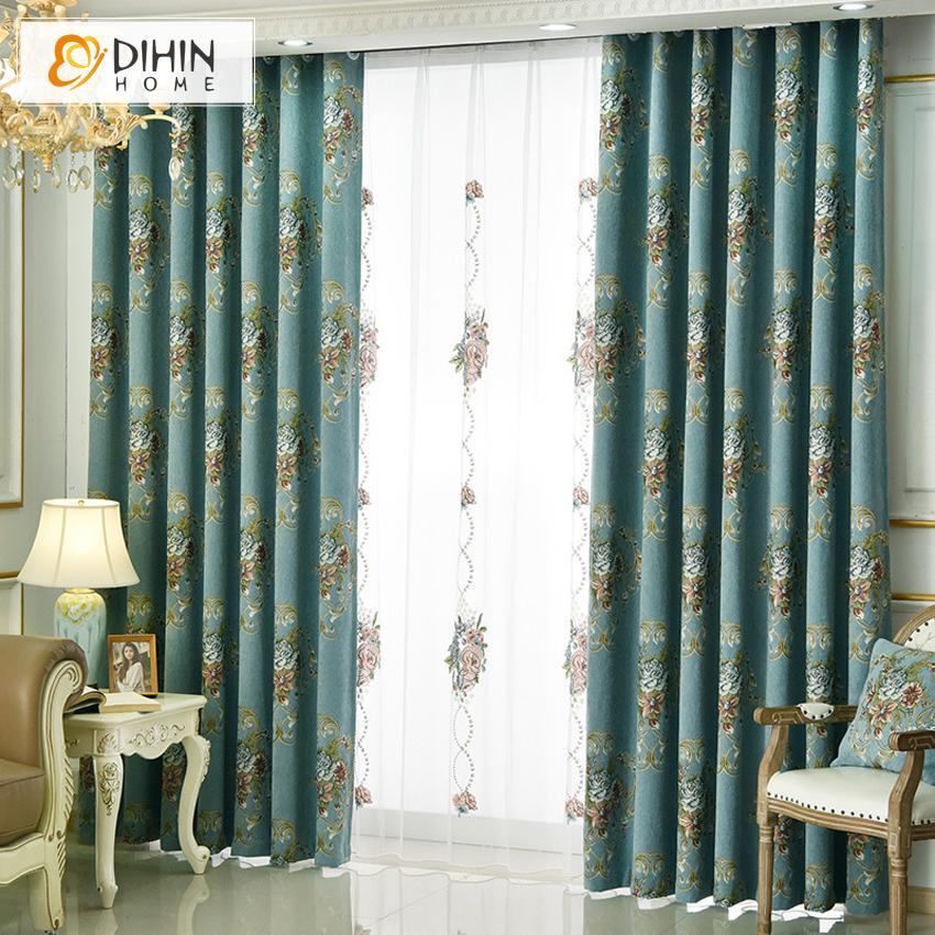 DIHINHOME Home Textile European Curtain DIHIN HOME Flowers Embroidered Blue Background,Blackout Curtains Grommet Window Curtain for Living Room ,52x84-inch,1 Panel