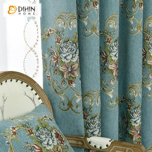 DIHINHOME Home Textile European Curtain DIHIN HOME Flowers Embroidered Blue Background,Blackout Curtains Grommet Window Curtain for Living Room ,52x84-inch,1 Panel