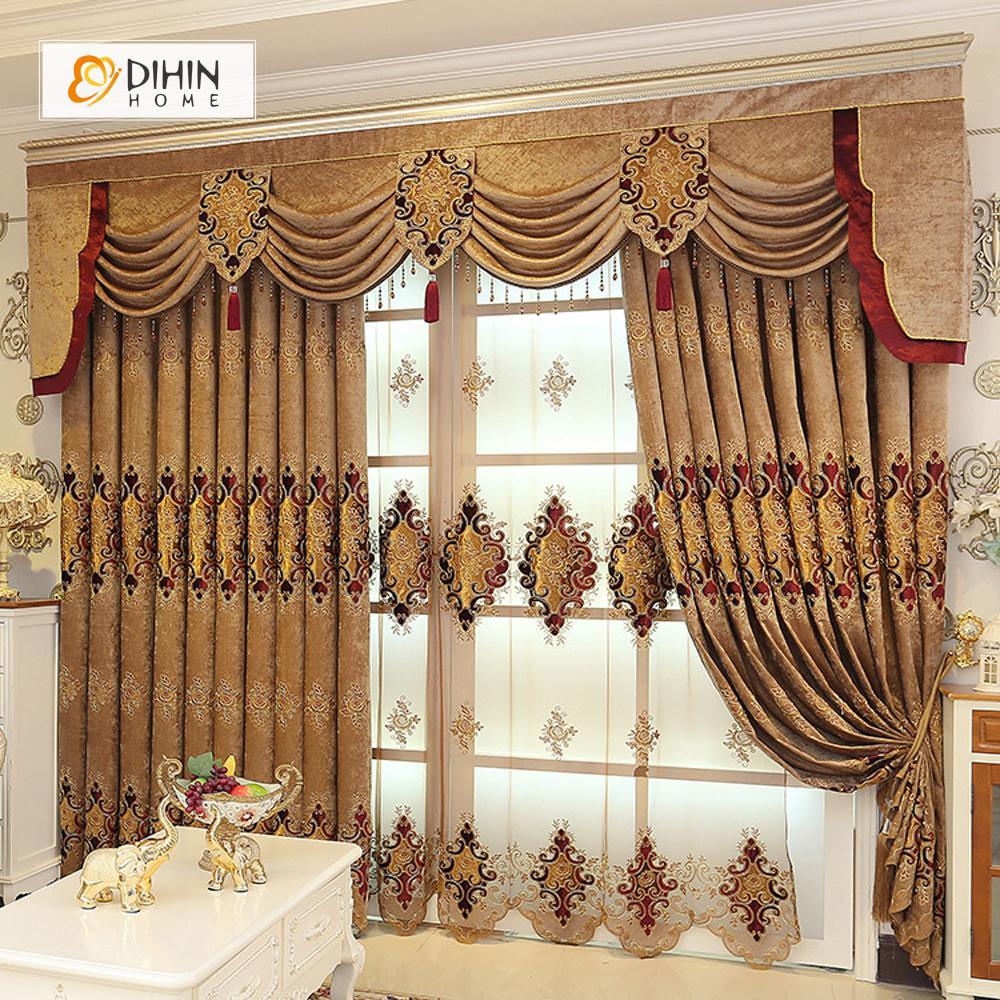 DIHINHOME Home Textile European Curtain DIHIN HOME Golden Luxurious Exquisite Embroidered Valance ,Blackout Curtains Grommet Window Curtain for Living Room ,52x84-inch,1 Panel