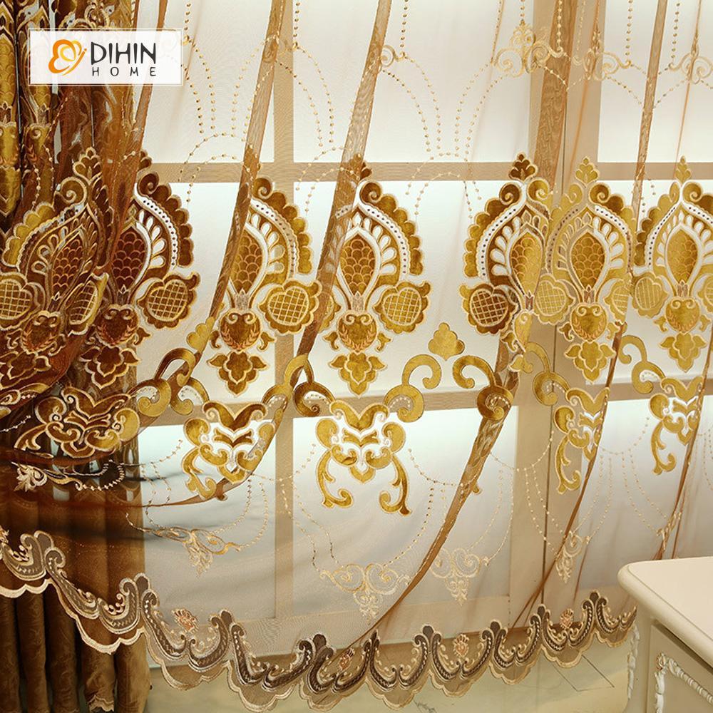 DIHINHOME Home Textile European Curtain DIHIN HOME Golden Luxury Exquisite Embroidered Valance ,Blackout Curtains Grommet Window Curtain for Living Room ,52x84-inch,1 Panel