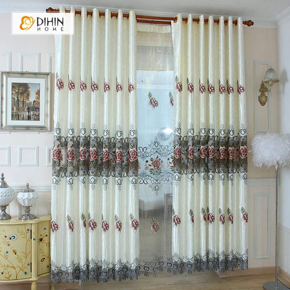 DIHINHOME Home Textile European Curtain DIHIN HOME Green Elegant Flowers Embroidered，Blackout Grommet Window Curtain for Living Room ,52x63-inch,1 Panel