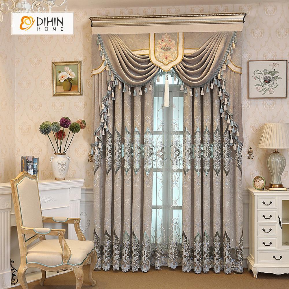 DIHINHOME Home Textile European Curtain DIHIN HOME Grey Embroidered Valance,Blackout Curtains Grommet Window Curtain for Living Room ,52x84-inch,1 Panel