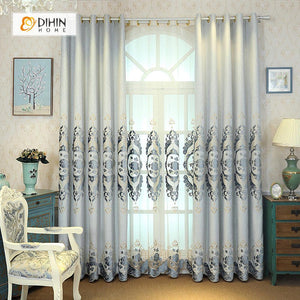 DIHINHOME Home Textile European Curtain DIHIN HOME Grey Flowers Luxurious Exquisite Embroidered Valance ,Blackout Curtains Grommet Window Curtain for Living Room ,52x84-inch,1 Panel