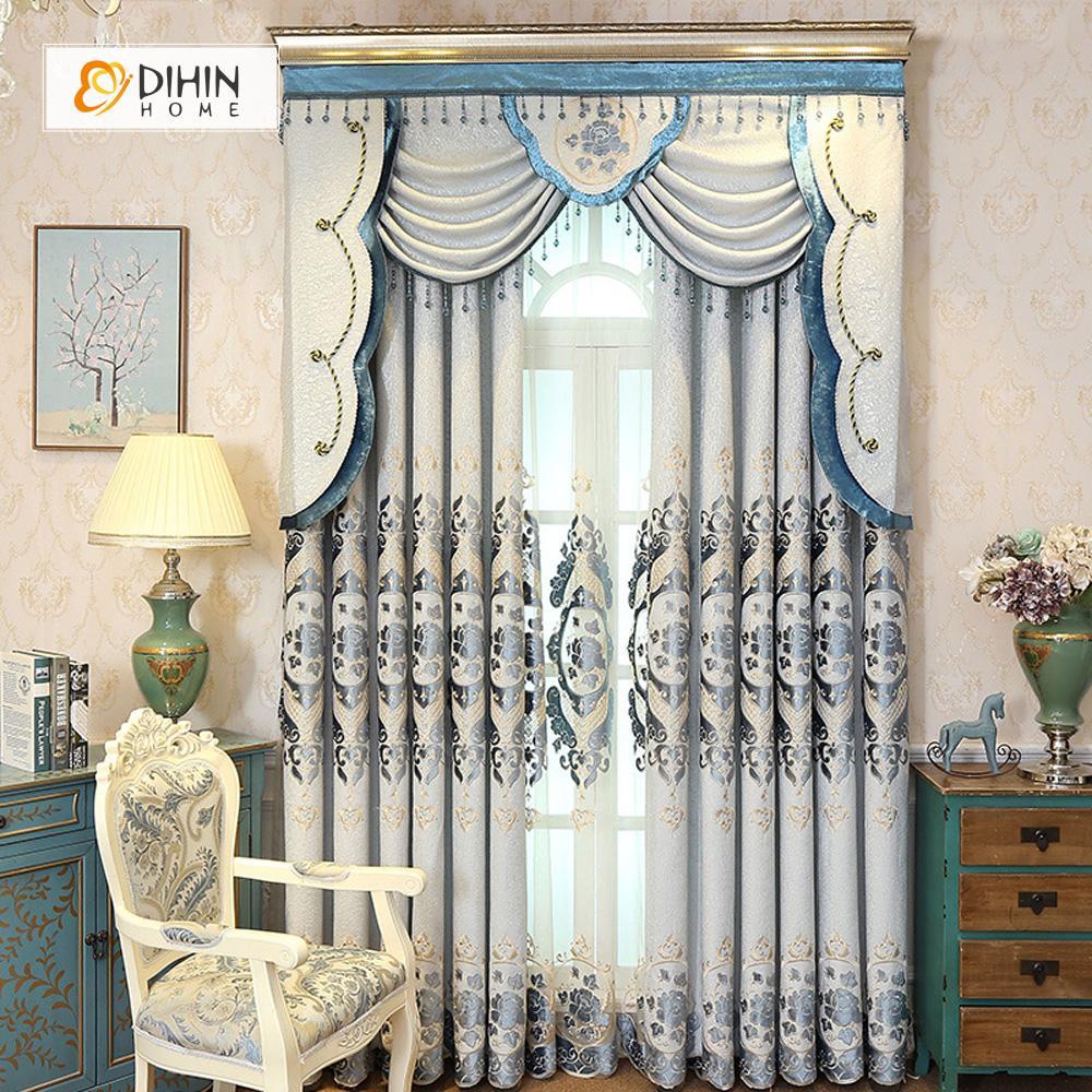 DIHINHOME Home Textile European Curtain DIHIN HOME Grey Noble Luxury Embroidered Valance ,Blackout Curtains Grommet Window Curtain for Living Room ,52x84-inch,1 Panel