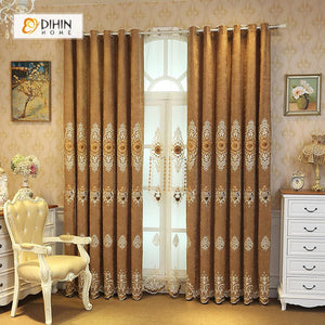 DIHINHOME Home Textile European Curtain DIHIN HOME High Quality White Embroidered Brown Valance ,Blackout Curtains Grommet Window Curtain for Living Room ,52x84-inch,1 Panel