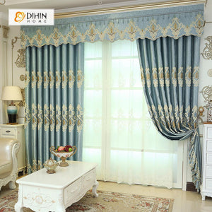 DIHINHOME Home Textile European Curtain DIHIN HOME Light Blue High Quality Embroidered Valance ,Blackout Curtains Grommet Window Curtain for Living Room ,52x84-inch,1 Panel