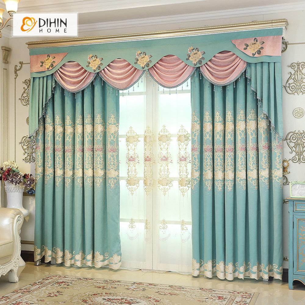 DIHINHOME Home Textile European Curtain DIHIN HOME Light Blue Luxury Embroidered Valance ,Blackout Curtains Grommet Window Curtain for Living Room ,52x84-inch,1 Panel