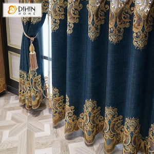 DIHIN HOME Luxury Blue Color Window Drapes Embroidered Valance ,Blackout Curtains Grommet Window Curtain for Living Room ,52x84-inch,1 Panel