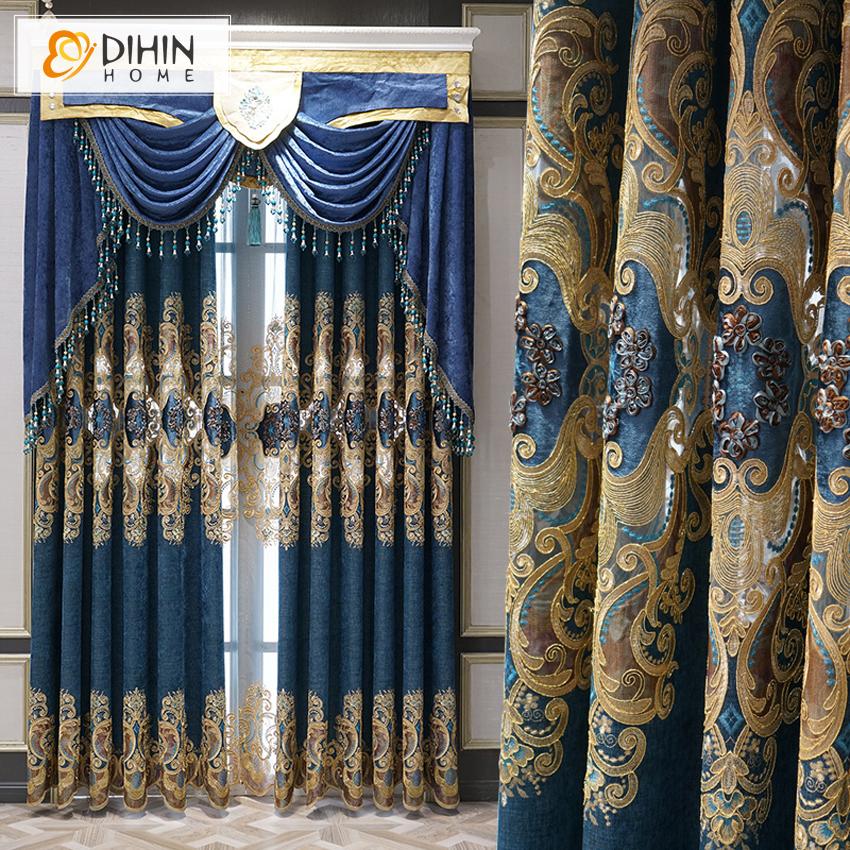 DIHIN HOME Luxury Blue Color Window Drapes Embroidered Valance ,Blackout Curtains Grommet Window Curtain for Living Room ,52x84-inch,1 Panel