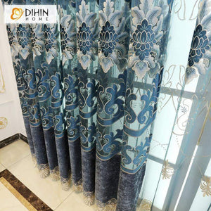 DIHINHOME Home Textile European Curtain DIHIN HOME Luxury Blue Embroidered Valance ,Blackout Curtains Grommet Window Curtain for Living Room ,52x90-inch,1 Panel