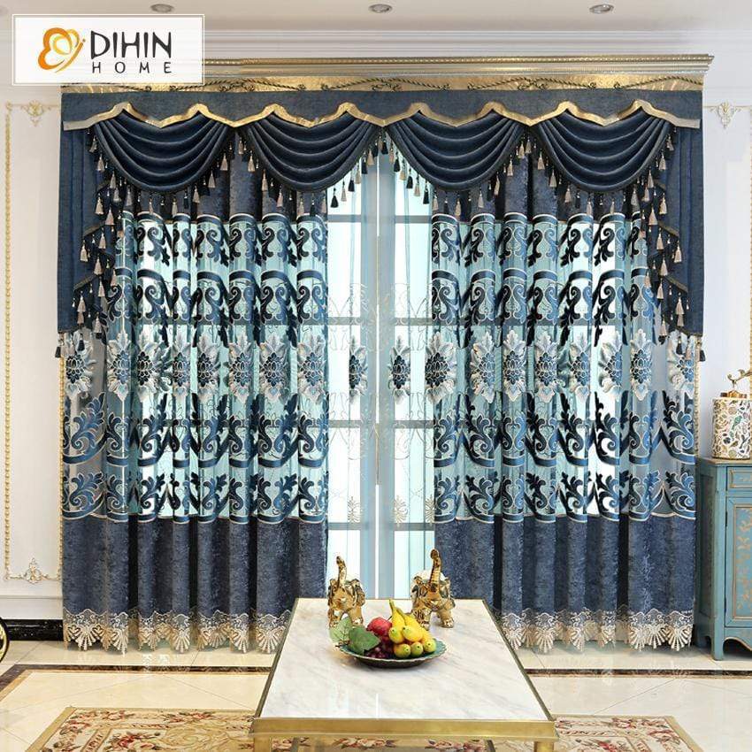 DIHINHOME Home Textile European Curtain DIHIN HOME Luxury Blue Embroidered Valance ,Blackout Curtains Grommet Window Curtain for Living Room ,52x90-inch,1 Panel