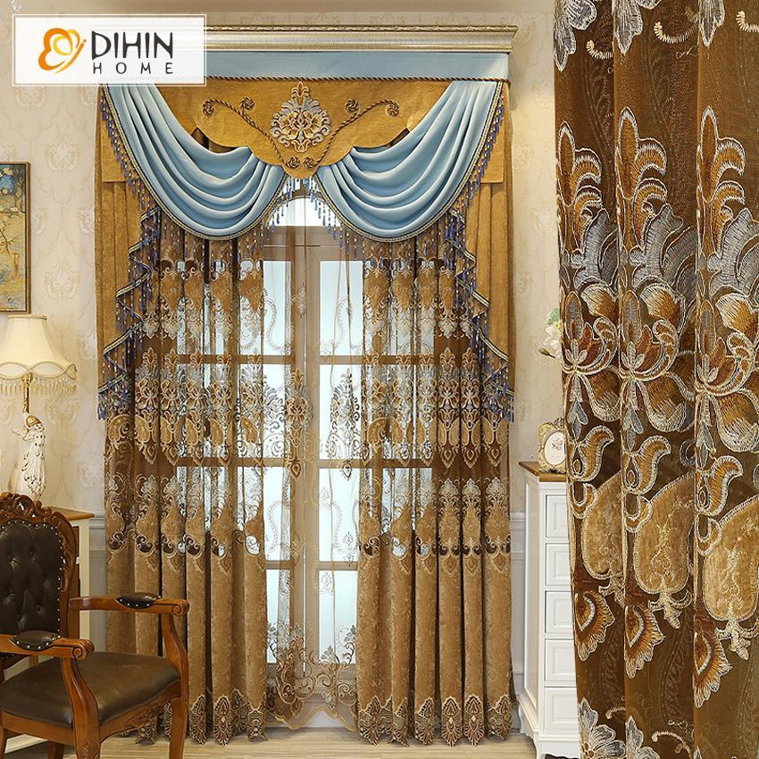 DIHINHOME Home Textile European Curtain DIHIN HOME Luxury Coffee Embroidered Valance ,Blackout Curtains Grommet Window Curtain for Living Room ,52x90-inch,1 Panel