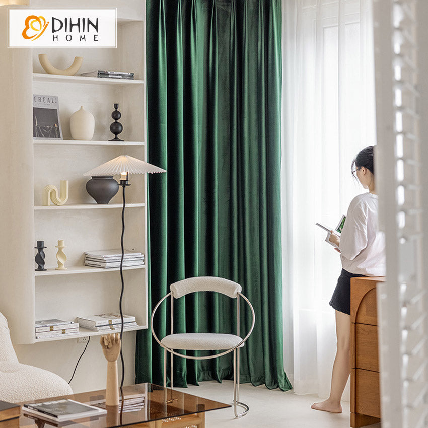 DIHIN HOME Luxury Dark Green Velvet Fabric,Blackout Curtains Grommet Window Curtain for Living Room ,52x63-inch,1 Panel