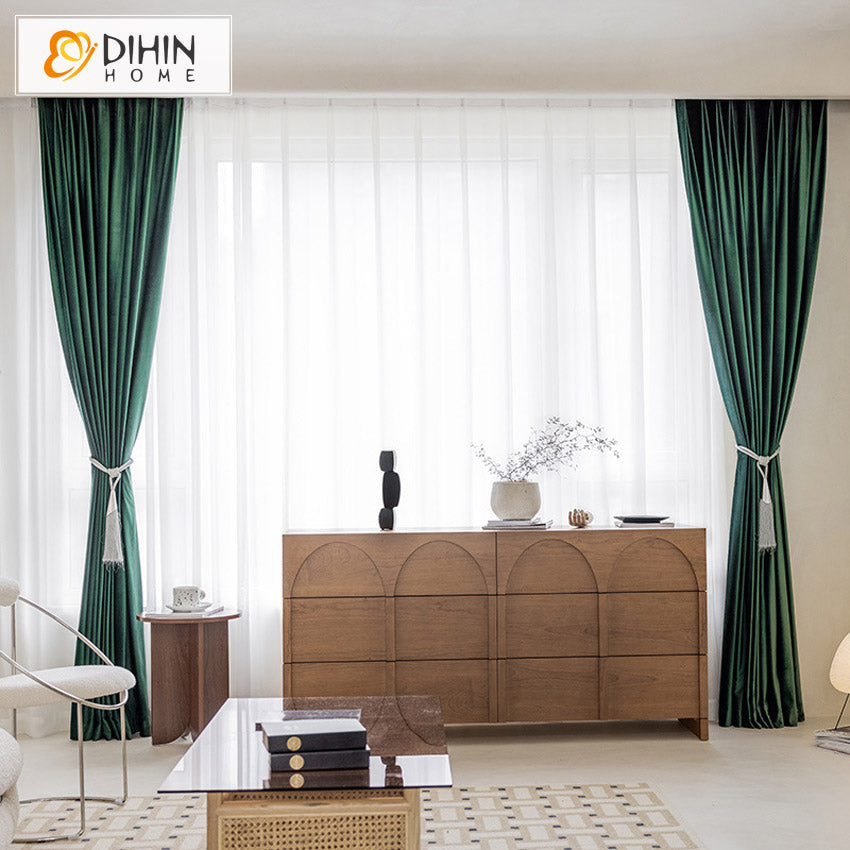 DIHINHOME Home Textile European Curtain DIHIN HOME Luxury Dark Green Velvet Fabric,Blackout Curtains Grommet Window Curtain for Living Room ,52x63-inch,1 Panel