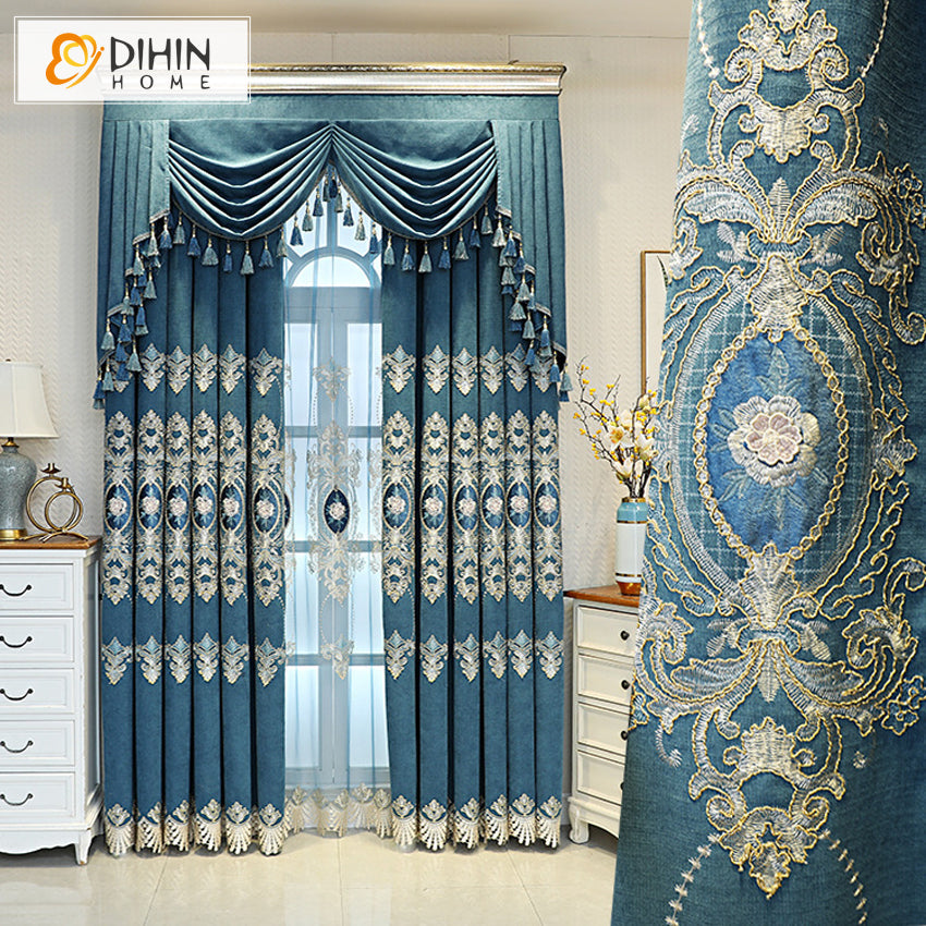 DIHIN HOME Luxury Embroidered Blue Curtains,Blackout Grommet Window Curtain for Living Room ,52x63-inch,1 Panel