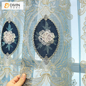 DIHINHOME Home Textile European Curtain DIHIN HOME Luxury Embroidered Blue Curtains,Blackout Grommet Window Curtain for Living Room ,52x63-inch,1 Panel