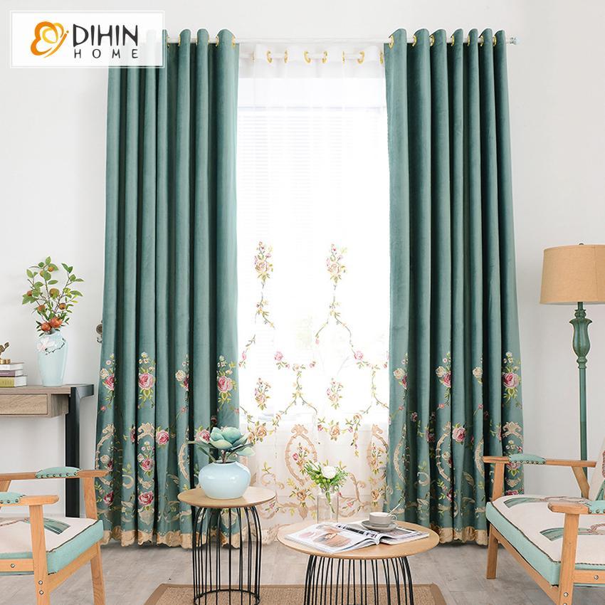 DIHIN HOME Luxury Green Embroidered Curtains,Blackout Curtains Grommet Window Curtain for Living Room ,52x84-inch,1 Panel