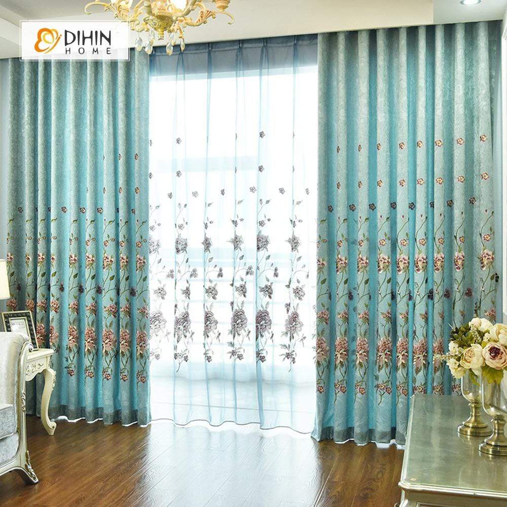 DIHIN HOME Luxury Roral Green Color Embroidered Curtains,Blackout Grommet  Window Curtain for Living Room ,52x84-inch,1 Panel