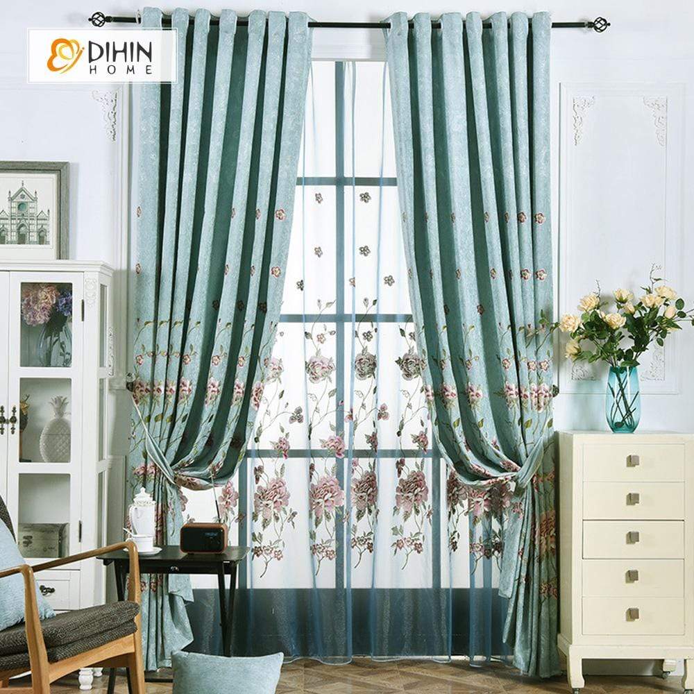 DIHIN HOME Luxury Roral Green Color Embroidered Curtains,Blackout Grommet  Window Curtain for Living Room ,52x84-inch,1 Panel