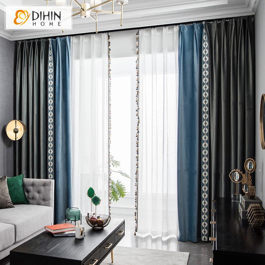 DIHINHOME Home Textile European Curtain DIHIN HOME Luxury High Quality Velvet Fabric Blue and Green Emboridered,Blackout Grommet Window Curtain for Living Room ,52x63-inch,1 Panel