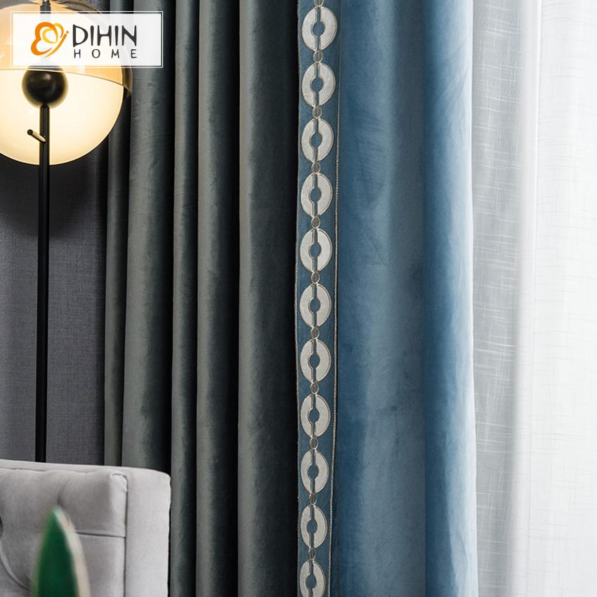 DIHINHOME Home Textile European Curtain DIHIN HOME Luxury High Quality Velvet Fabric Blue and Green Emboridered,Blackout Grommet Window Curtain for Living Room ,52x63-inch,1 Panel