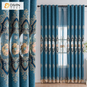 DIHINHOME Home Textile European Curtain DIHIN HOME Luxury Roral Blue Color Embroidered Curtains,Blackout Grommet Window Curtain for Living Room ,52x84-inch,1 Panel