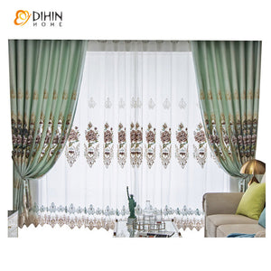DIHINHOME Home Textile European Curtain DIHIN HOME Luxury Roral Green Color Embroidered Curtains,Blackout Grommet Window Curtain for Living Room ,52x84-inch,1 Panel