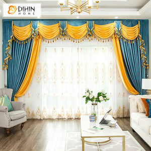 DIHINHOME Home Textile European Curtain DIHIN HOME Luxury Yellow and Blue Color Customized Valance ,Blackout Curtains Grommet Window Curtain for Living Room ,52x84-inch,1 Panel